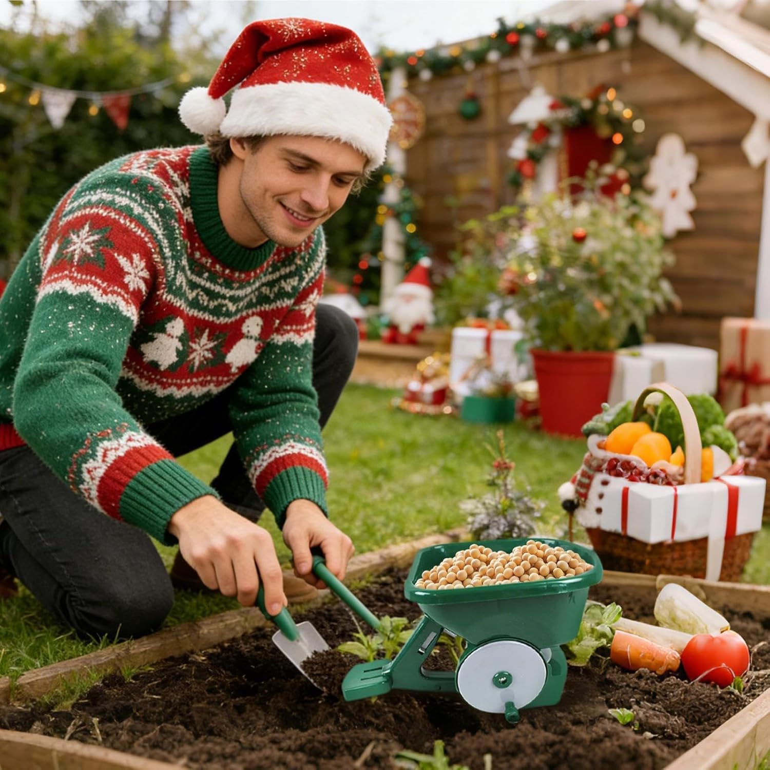 Spandiconcime da giardino, strumento per semina manuale, capacità 3 l, 4 impostazioni di velocità regolabili, manico telescopico ergonomico per piantare e sciogliere la neve