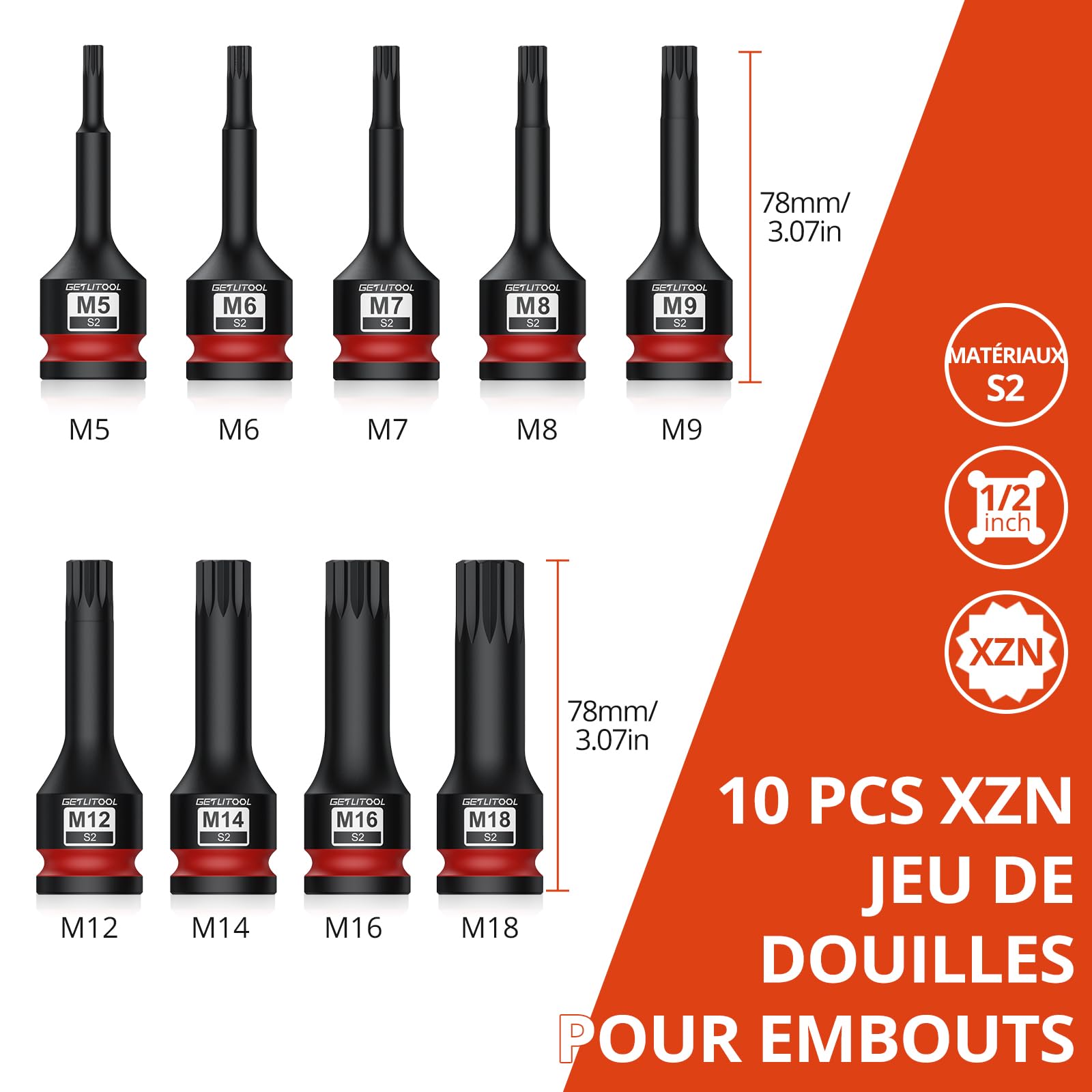 GETLITOOL Lot de 10 douilles à impact XZN en acier S2 triple carré, taille marquée et étui M5-M18 pour réparation automobile et entretien mécanique