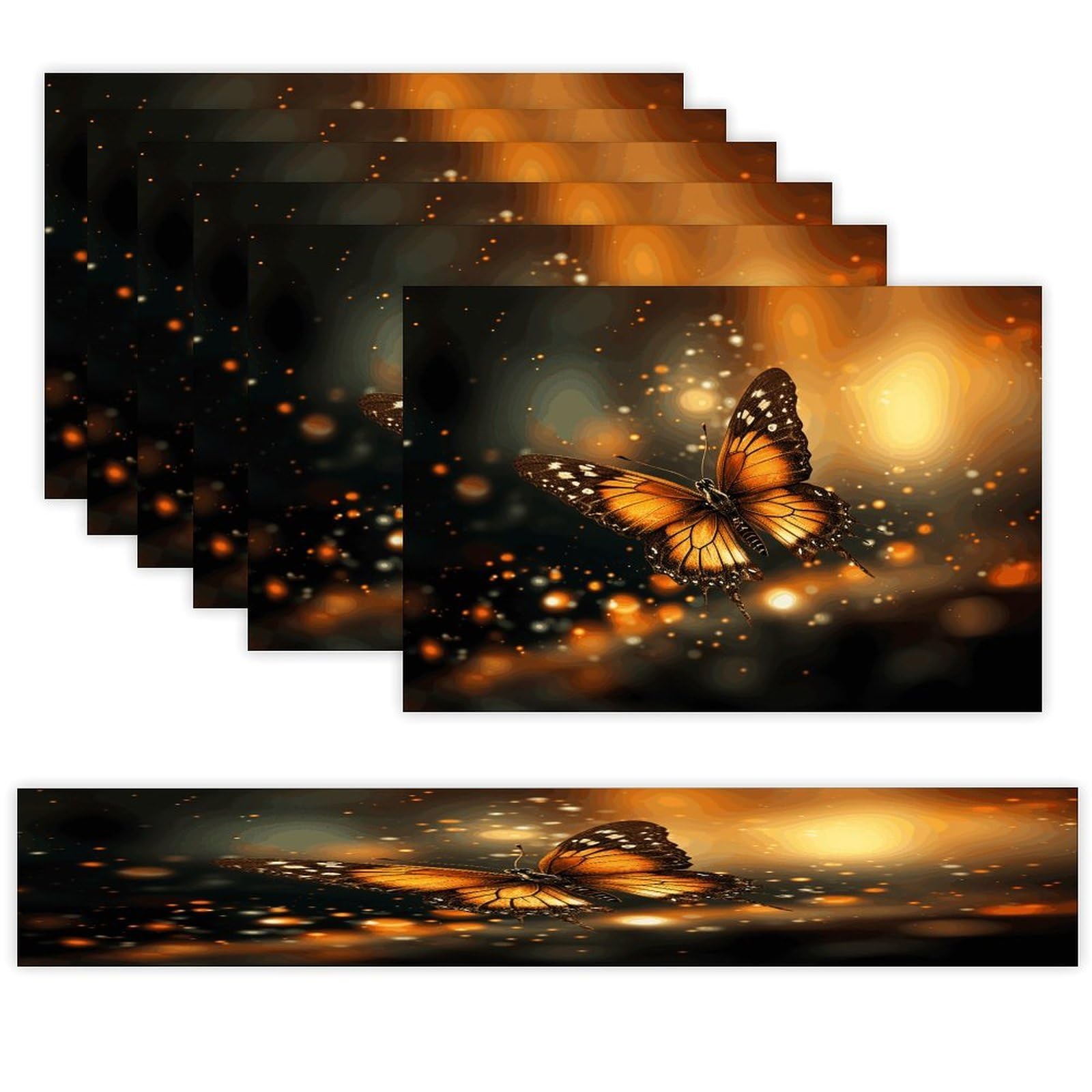 Orange Butterfly Table Runner and Placemats Set of 6 for Kitchen Washable Table Mats Heat Resistant Place Mats Non-Slip Place Mat Wipeable Placemat(6 Placemats+1 Table Runner)
