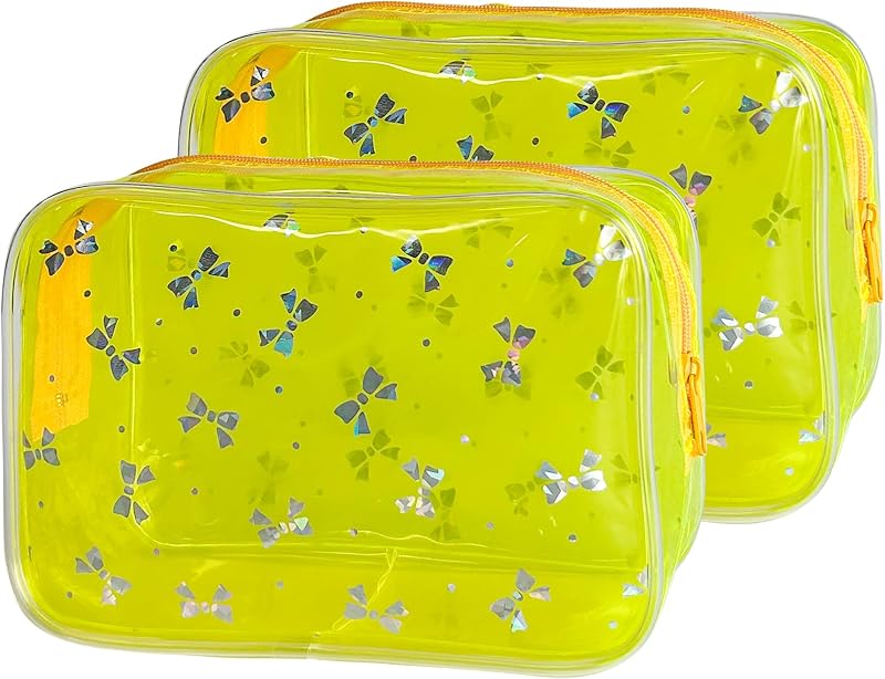 TotePrint Conjunto com 2 necessaires transparentes de PVC, estampa laço amarelo, 17,78 x 5,84 x 11,94 cm