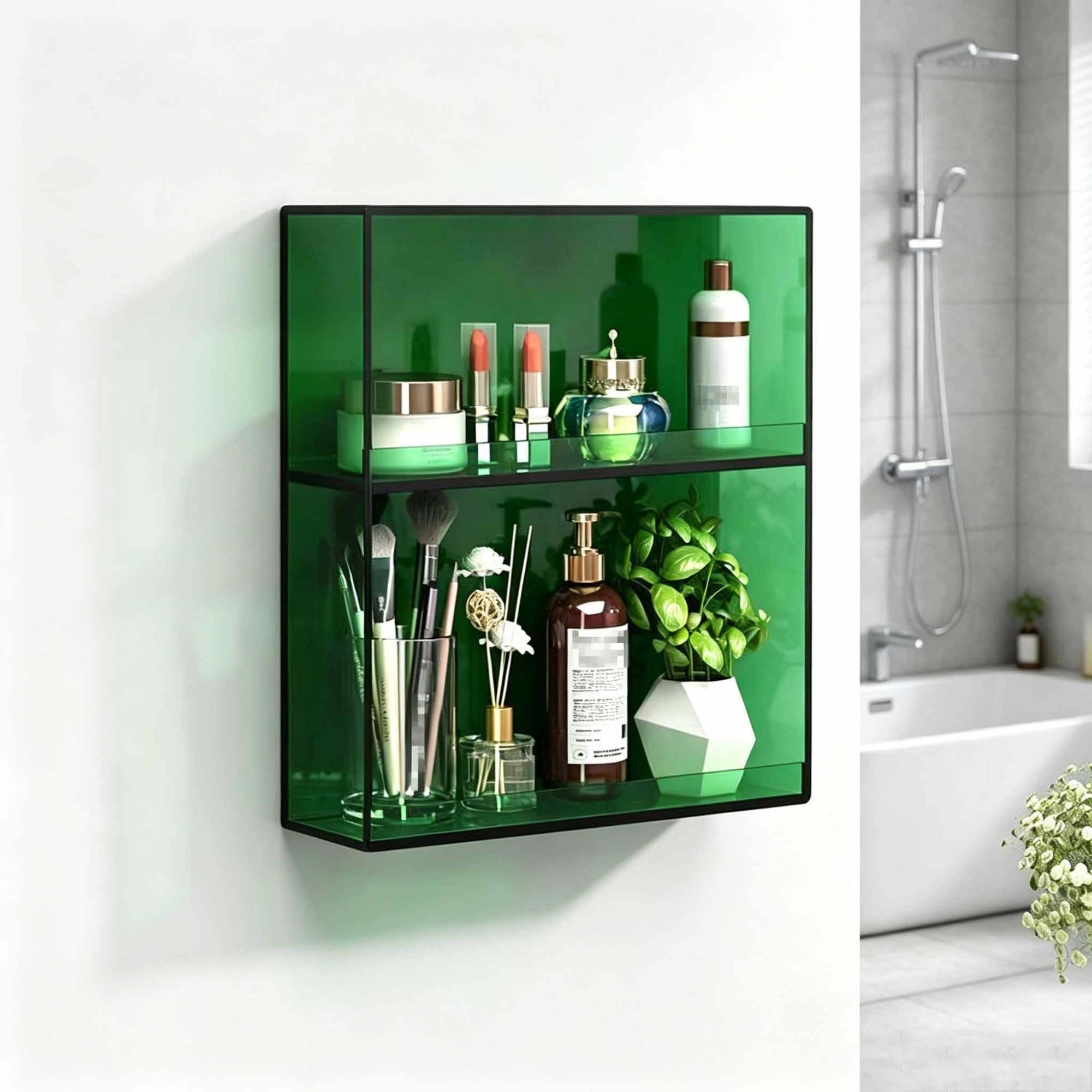 Dalumian Floating Shelves for Wall Decor, Acrylic Magazine Holder, Space-Saving Floating Shelves Wall Organizer for Perfume, Make up, Skincare(Green,2-TIER)
