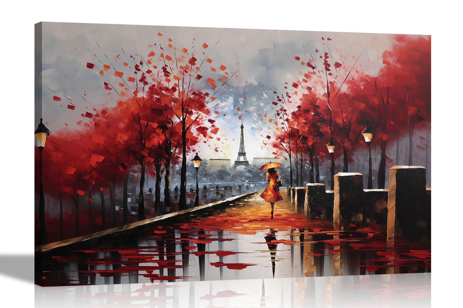 Artley Prints - Alone on a Wet Paris Day Red Extra Large Colourful Canvas Pictures for Wall in Living Room, Bedroom, Hallway, Kitchen Abstract 101 x 76cm (40 x 30 inches)