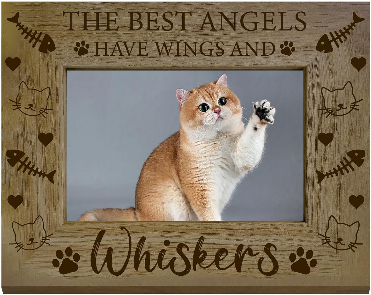 CREATCABIN The Best Angels Have Wings and Whiskers Picture Frame Wooden Photo Frames Pet Cat Fish Bones Solid Wood Horizontal Standing Wall Mountable High Definition PVC for Home Desk Decor 6x8 inch