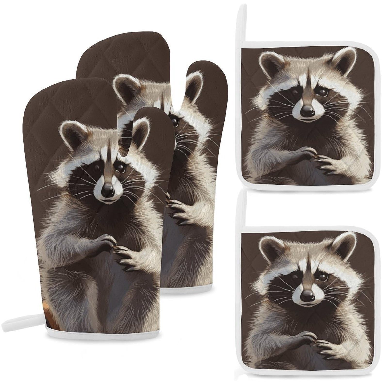 Gants de four anti brûlure raton laveur et maniques longues pour cuisine