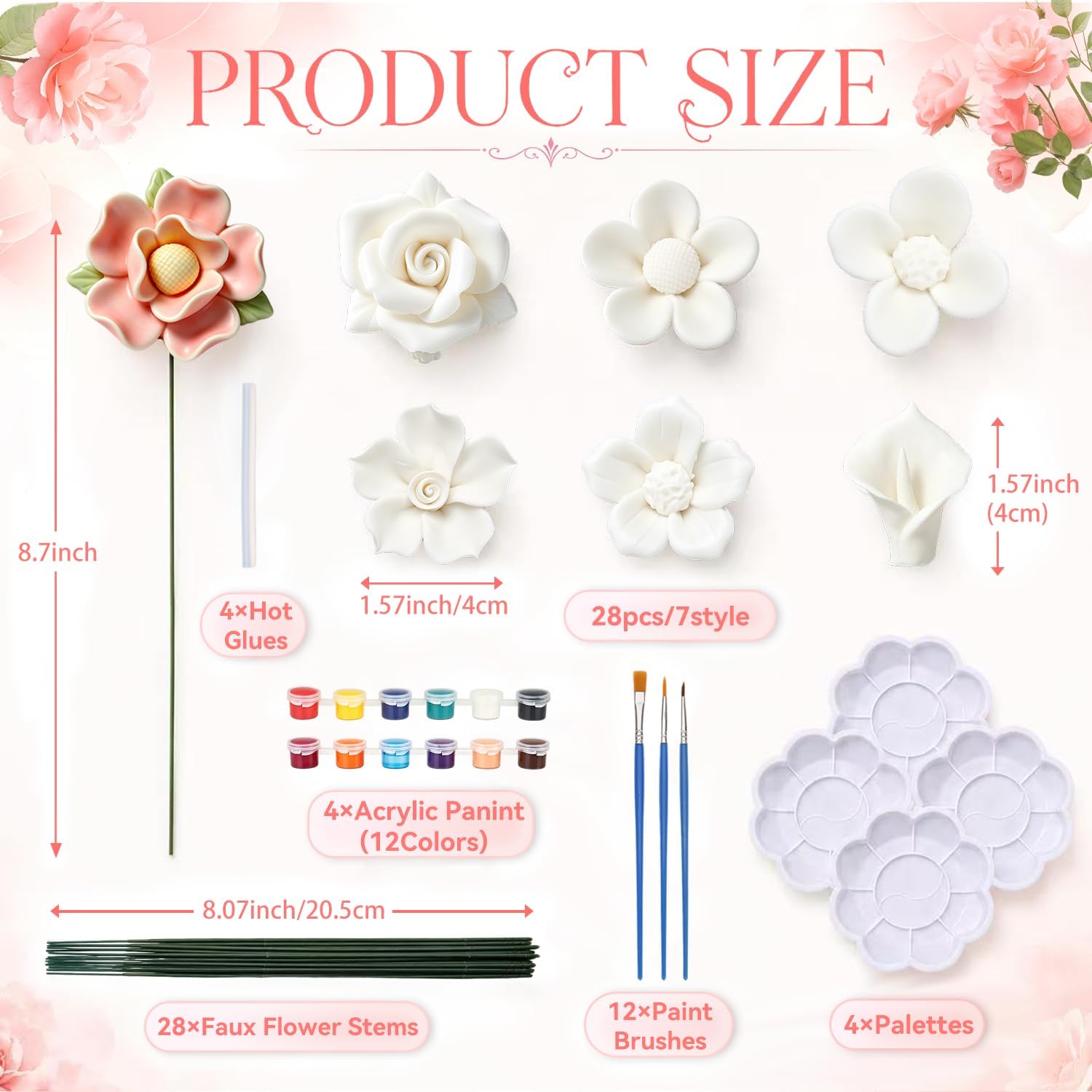 28 Set Flowers Ceramics to Paint DIY Painting Kit Bulk Paint Your Own Flower Figurines Unpainted Porcelain Crafts with Brushes Paints Palette Iron Stems for Adult Party Favor Birthday Gift Home Decor