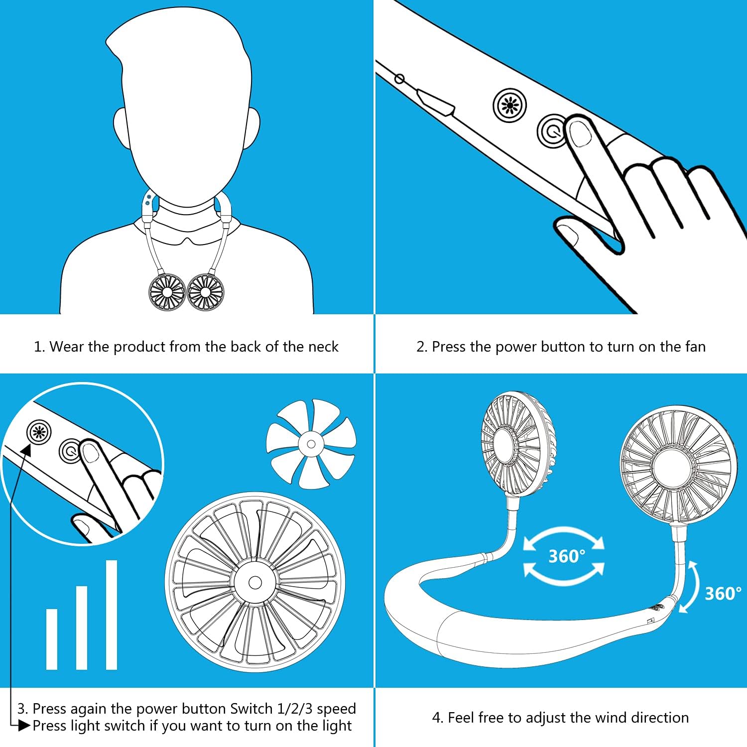 Hand Free Mini USB Personal Fan - Rechargeable Portable Headphone Design Wearable Neckband Fan,3 Level Air Flow,7 LED Lights,360 Degree Free Rotation Perfect for Sports,Office and Outdoor (blue) : Electronics