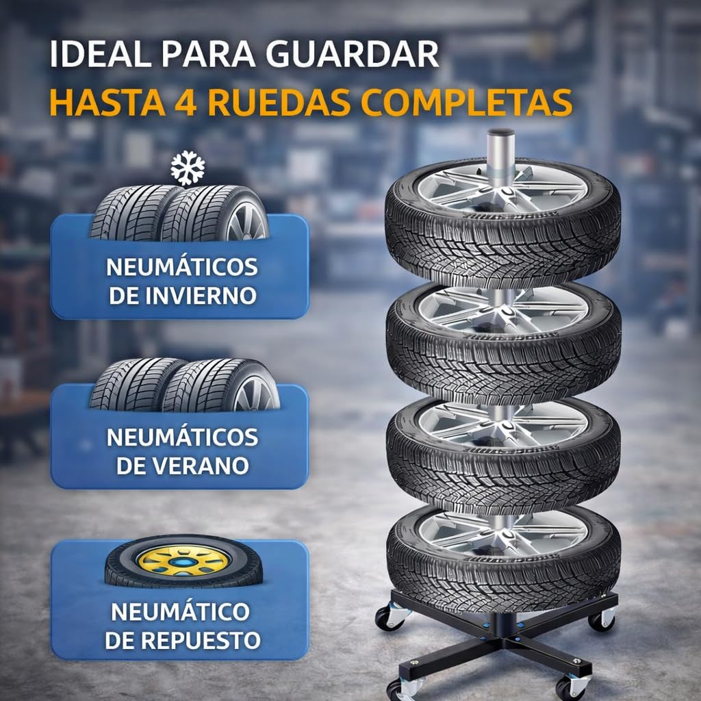 Soporte para 4 Ruedas con Ruedas y Freno, Rack portaneumáticos hasta 100 kg, Soporte Vertical para Llantas y neumáticos, Organizador de Ruedas para Garaje y Taller, Base metálica Estable