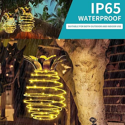 Miniatura 5 de Paquete de 2 faroles solares colgantes para exteriores, impermeables, 60 luces LED solares decorativas de piña, para jardín, patio, césped,