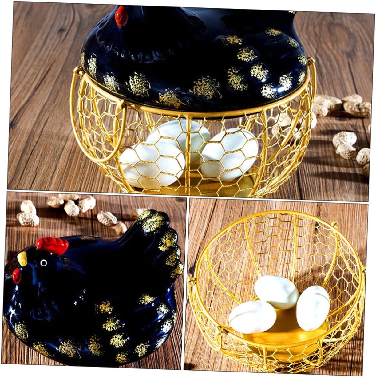 BESPORTBLE Farmhouse Iron Art Egg Basket with Black Chicken Lid and Gold Wire Frame, Chicken-shaped Egg Holder for Kitchen Countertop Storage and Food Organization