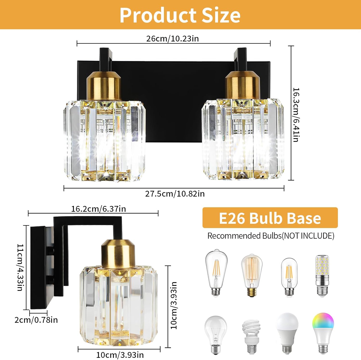 WILON Bathroom Vanity Light, 2-Light Modern Crystal Lights, Black Gold Bathroom Light, E26 Base Wall Sconce for Mirror, Vanity, Porch & Bedroom (Excludes Bulbs) (Black Gold, 2-Light) Black&Gold 2-light Crystal Vanity Light