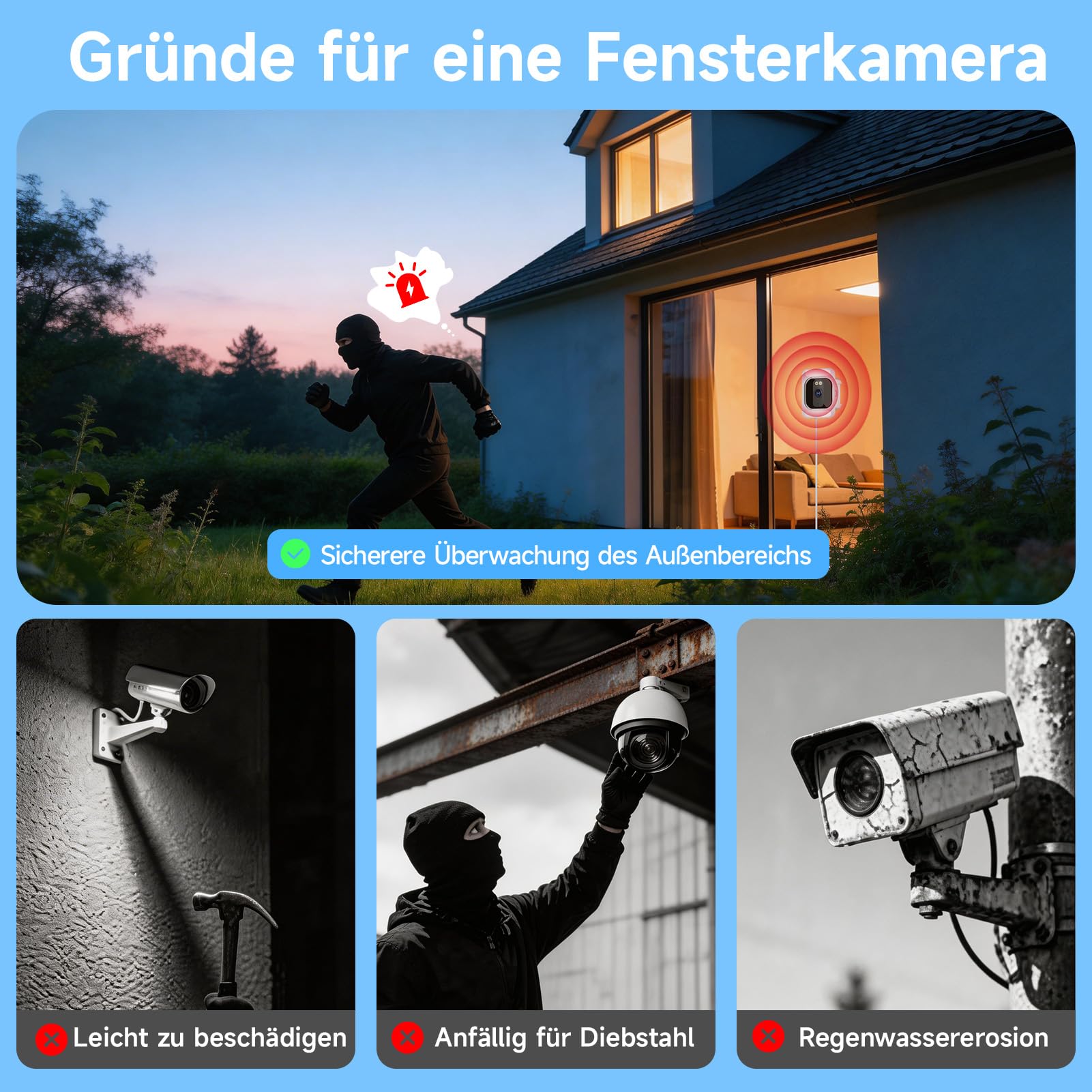 fanxiang 3MP 2K HD Fenster Kamera, WiFi & Bluetooth Überwachungskamera | Innen, Farb-Nachtsicht, 24/7-Aufnahme, Bewegungsmelder, Zwei-Wege Audio, Live Übertragung Handy, RTSP/ONVIF Unterstützung