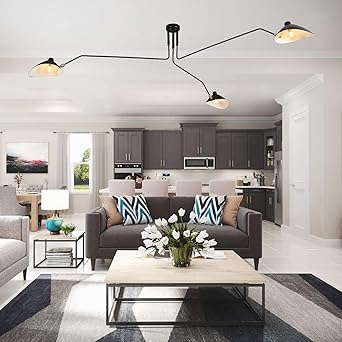 Mid Century Chandelier Metal Semi Flush Mount Ceiling Light Fixture,Black Arm Pendent Light with Adjustable Lampshade, Modern Farmhouse Chandelier for Dining Room[Energy Class A +]