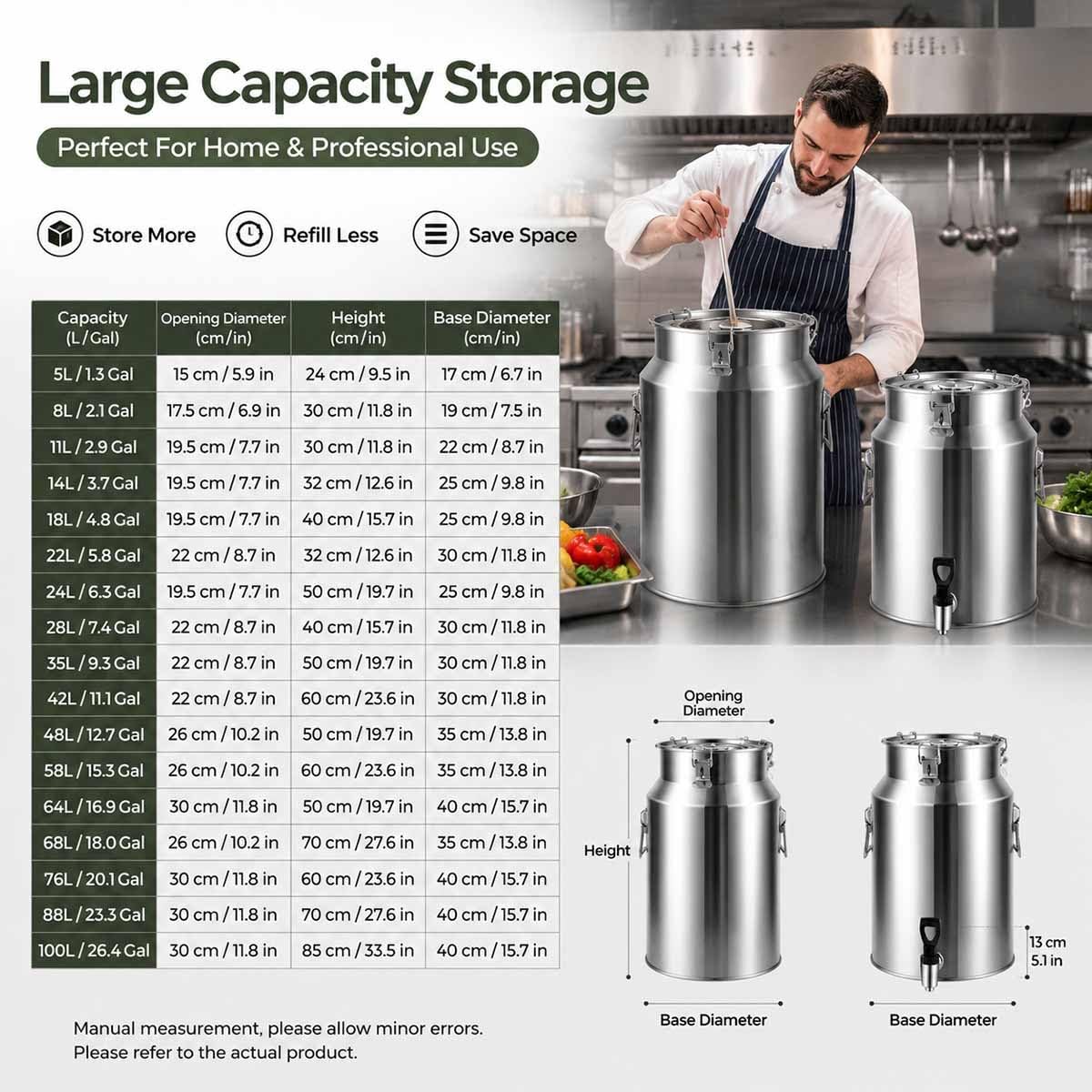 5-100L Lata De Transporte De Leche, Contenedor Leche Acero Inoxidable 304 | Cubo De Leche De Acero Inoxidable Barril De Cubo De Vino Con Espiga De Grifo Antigoteo(Without faucet,76L)