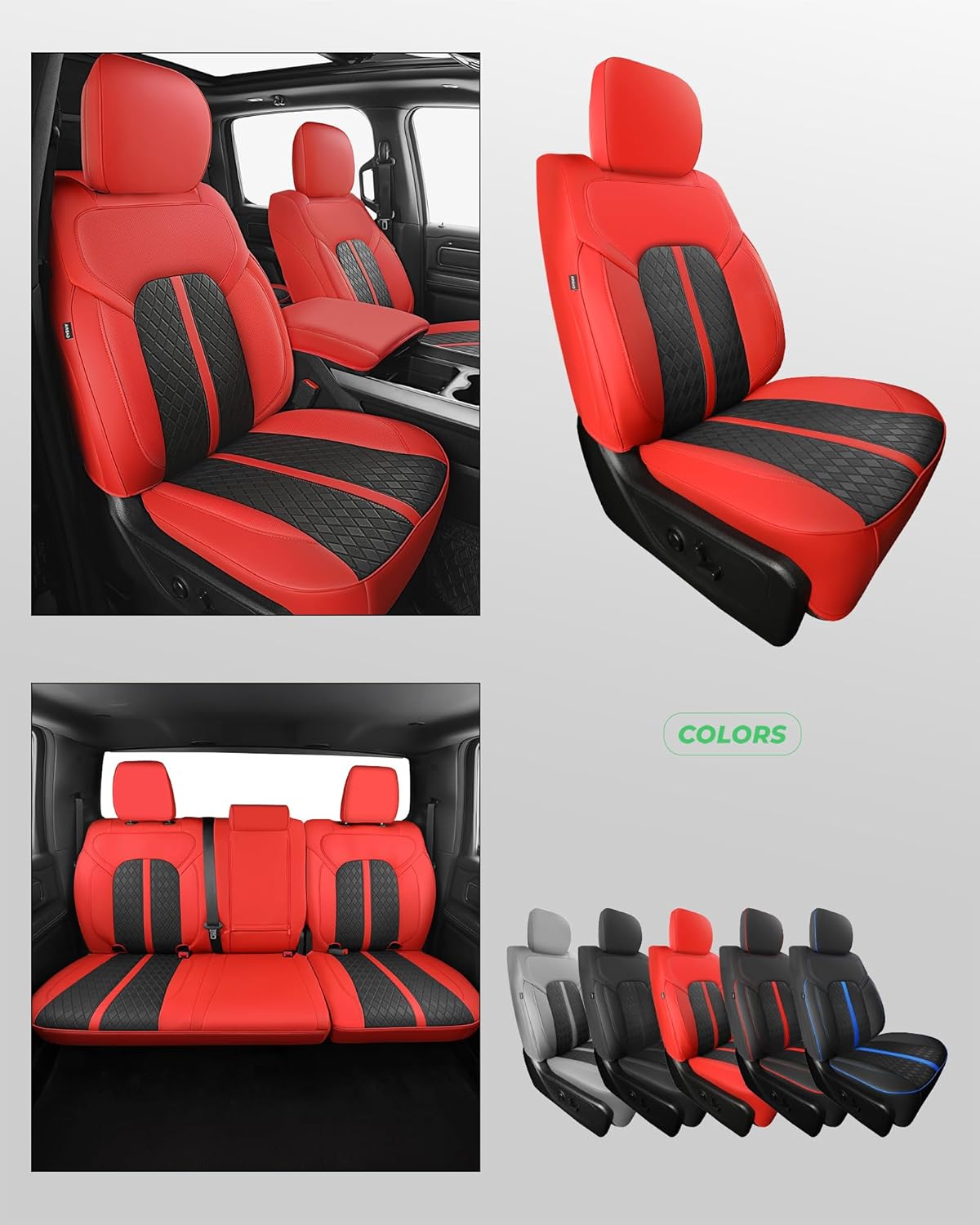 for Dodge Ram Leather Seat Covers, 2019-2026 Crew Cab 1500 Big Horn Rebel Lone Star, Custom Truck Seat Cover Full Set, Pickup Protector Accessories, Red Black (40/60 Split Flat Bench)