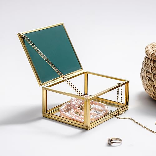 Miniatura 2 de 4x3x1.5" Brass Glass jewelry Ring Box Wedding Mirrored Based