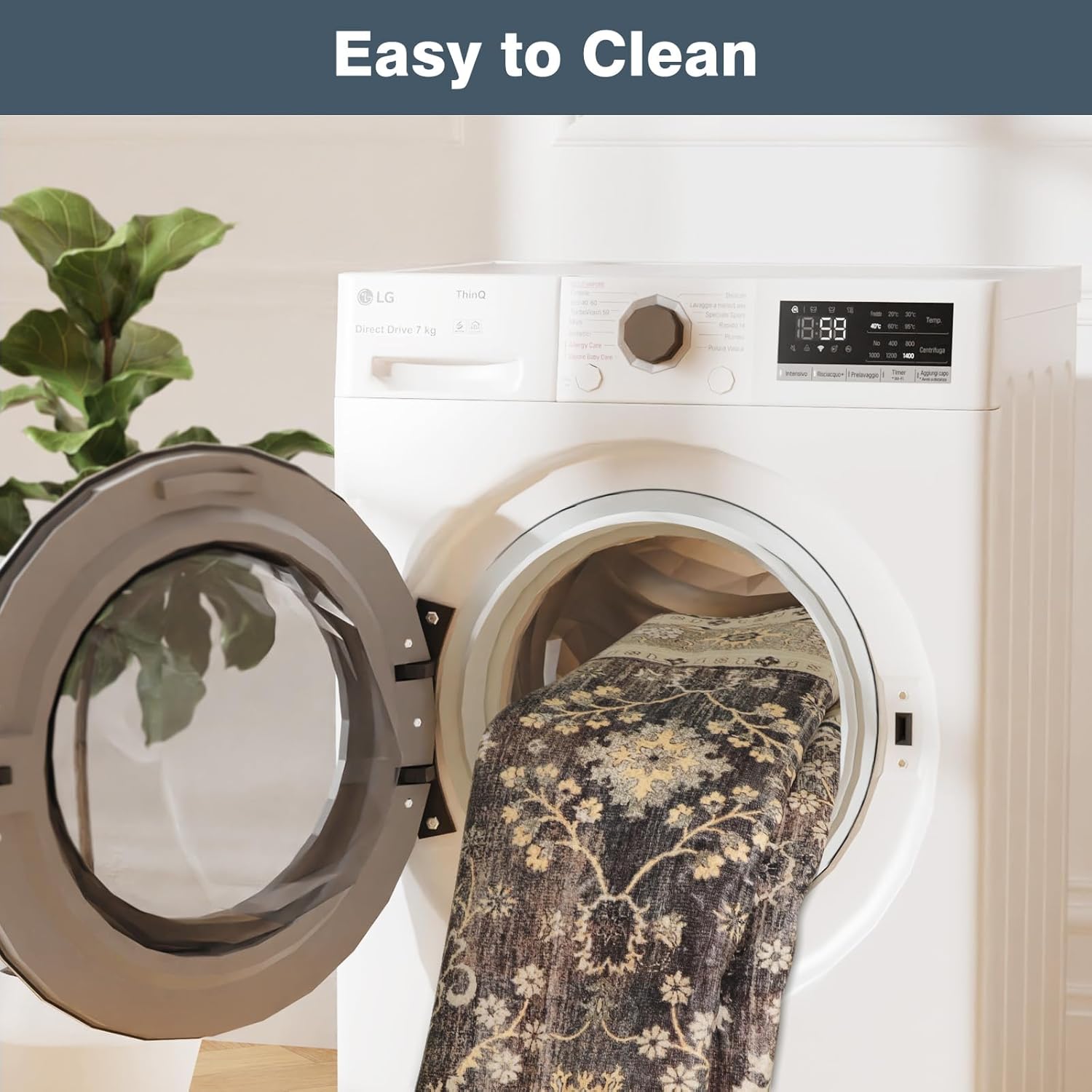 5x7 Washable Area Rug, Low Pile Faux Wool Carpet for Living Room, Bedroom, Dining Room, Vintage Flower Design, Non-Shedding Low-Pile Rug in Green for High-Traffic Areas with Non-Slip Rubber Back