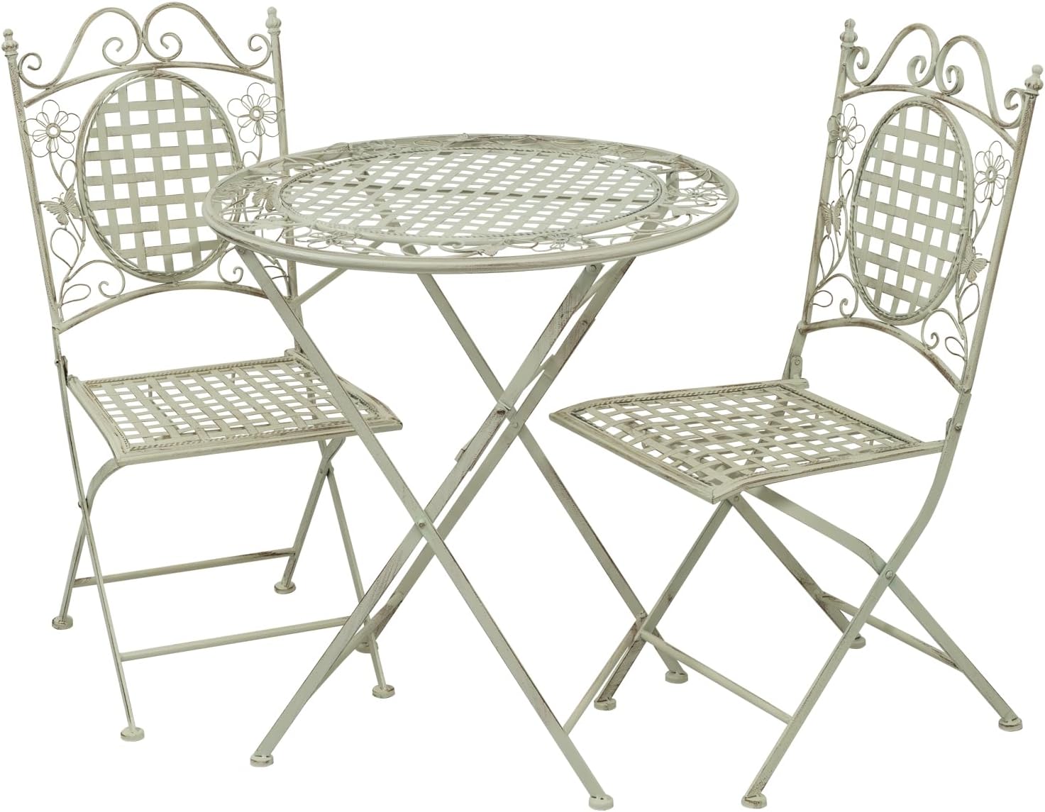 Maribelle White Round Metal Floral Designed Folding Outdoor Garden Patio Dining Table And Two Square Chairs
