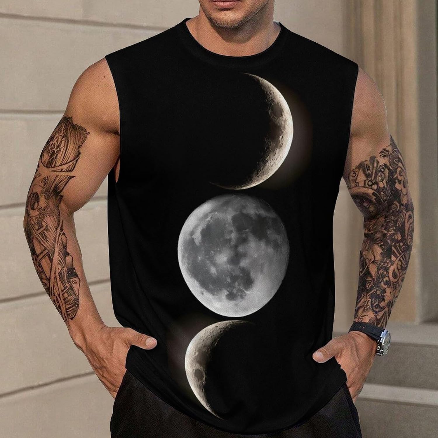 Three Moon Phases Men Summer Sleeveless Crew Neck Top 5XL