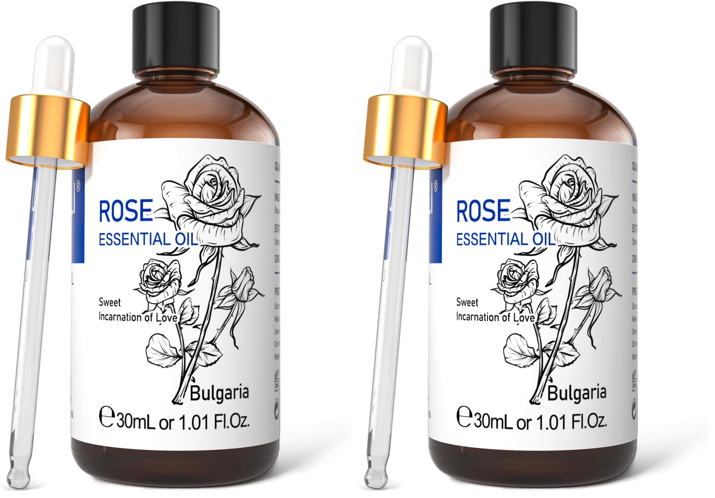 HIQILI Rose Essential Oil 1 Fl Oz, 100% Natural Therapeutic Grade for Aromatherapy, Diffuser, Skin Care, Massage, Includes Premium Quality Glass Dropper (Pack of 2)