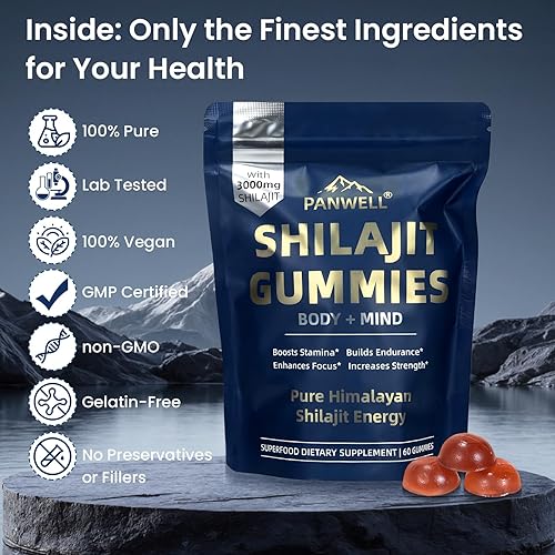 Miniatura 4 de PANWELL Gomitas Shilajit con Ashwagandha, musgo y cúrcuma  Energía cero azúcar, equilibrio de cortisol, sueño, apoyo inmunológico y de salud general