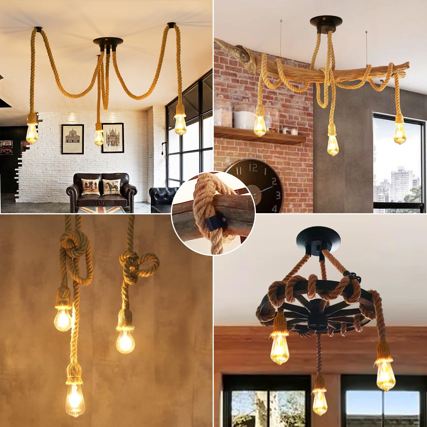 ANWIO Lampa sufitowa z liny konopnej, pająk, żyrandol, lina konopna, "zrób to sam", lampa sufitowa retro, lampa wisząca E27, do jadalni, salonu, jadalni, hotelu, dekoracja (6 żarówek)