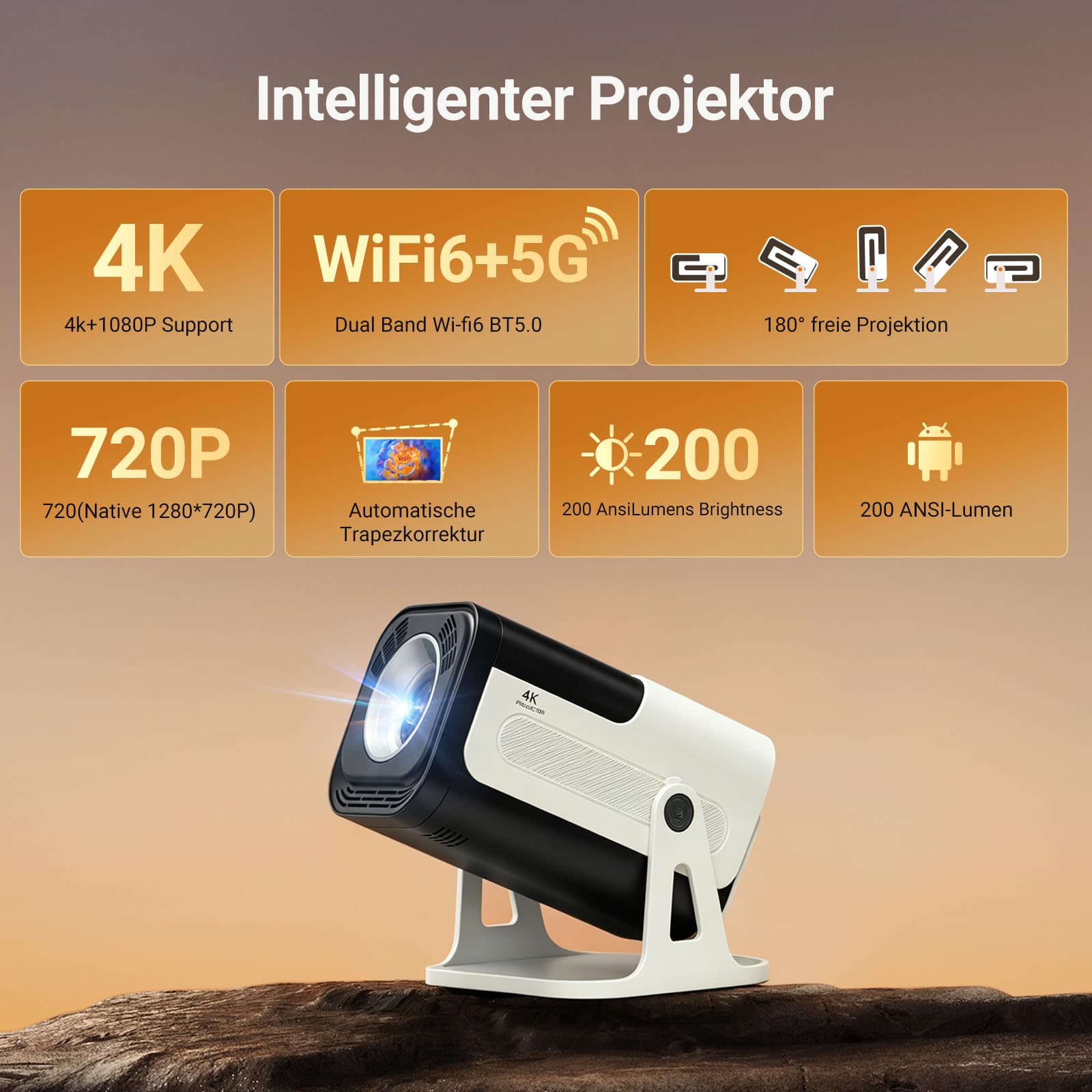 Mini Beamer Unterstützt 4K 1080P, Smart Tragbarer Projector WiFi 6 BT 5, Mini Projektor Automatische Trapezialkorrektur,180° Drehung Beamer Heimkino Outdoor für HDMI/Android/iOS/Laptop/Handy