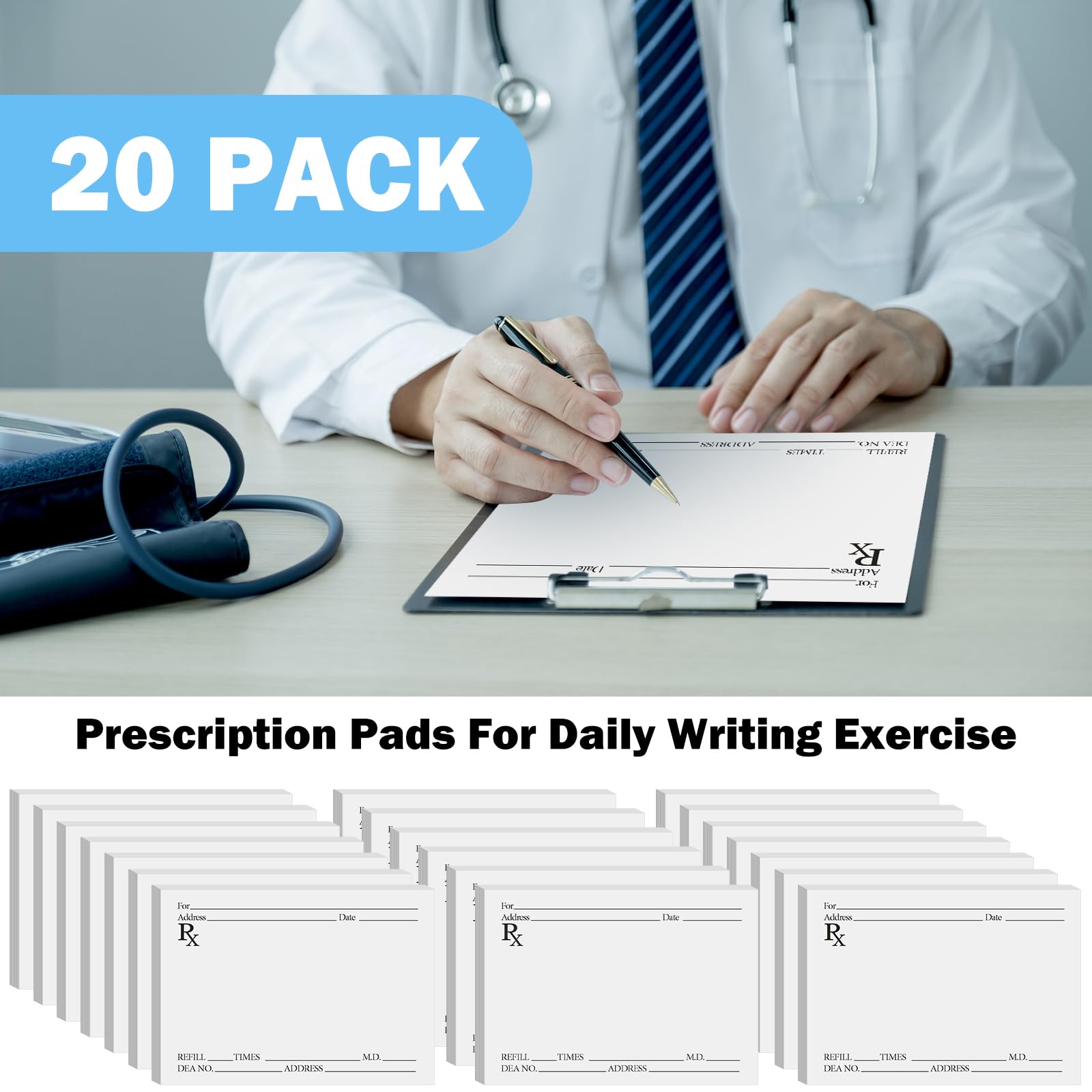 Watersay Confezione da 20 blocchetti di prescrizione per farmacista Rx, 100 fogli di carta per ricetta medica, per bambini, dottori, farmacisti, promemoria per medico, casa, ufficio, regalo di lavoro