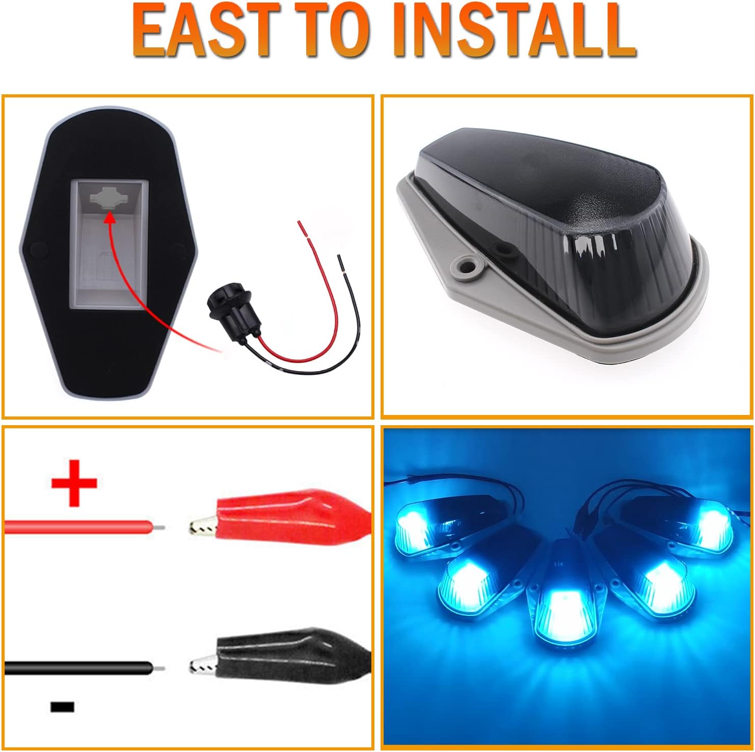 5pcs Top Cab Marker Roof Running Light Smoked Cover Lens 15442 + 5X Ice Blue T10 194 LED Bulbs Compatible with Ford F-150 F-250 F-350 1973-1997 F Series Pickup Super Duty Trucks.