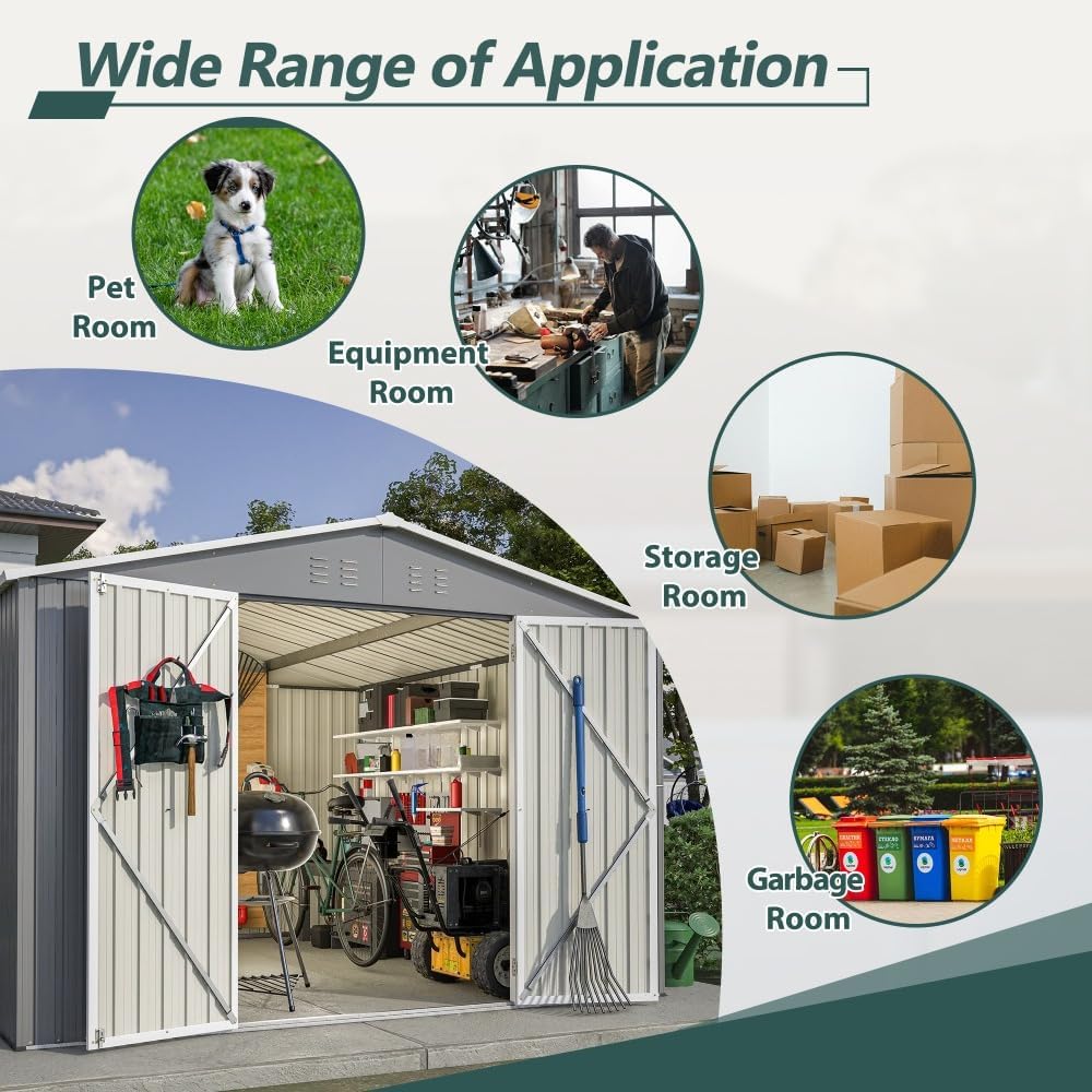 Heavy-Duty Outdoor Storage Shed with Reinforced Steel Frame, Weather-Resistant Galvanized Metal Walls, Lockable Double Doors for Garden, Patio and Lawn Use (Gray + Metal-1)