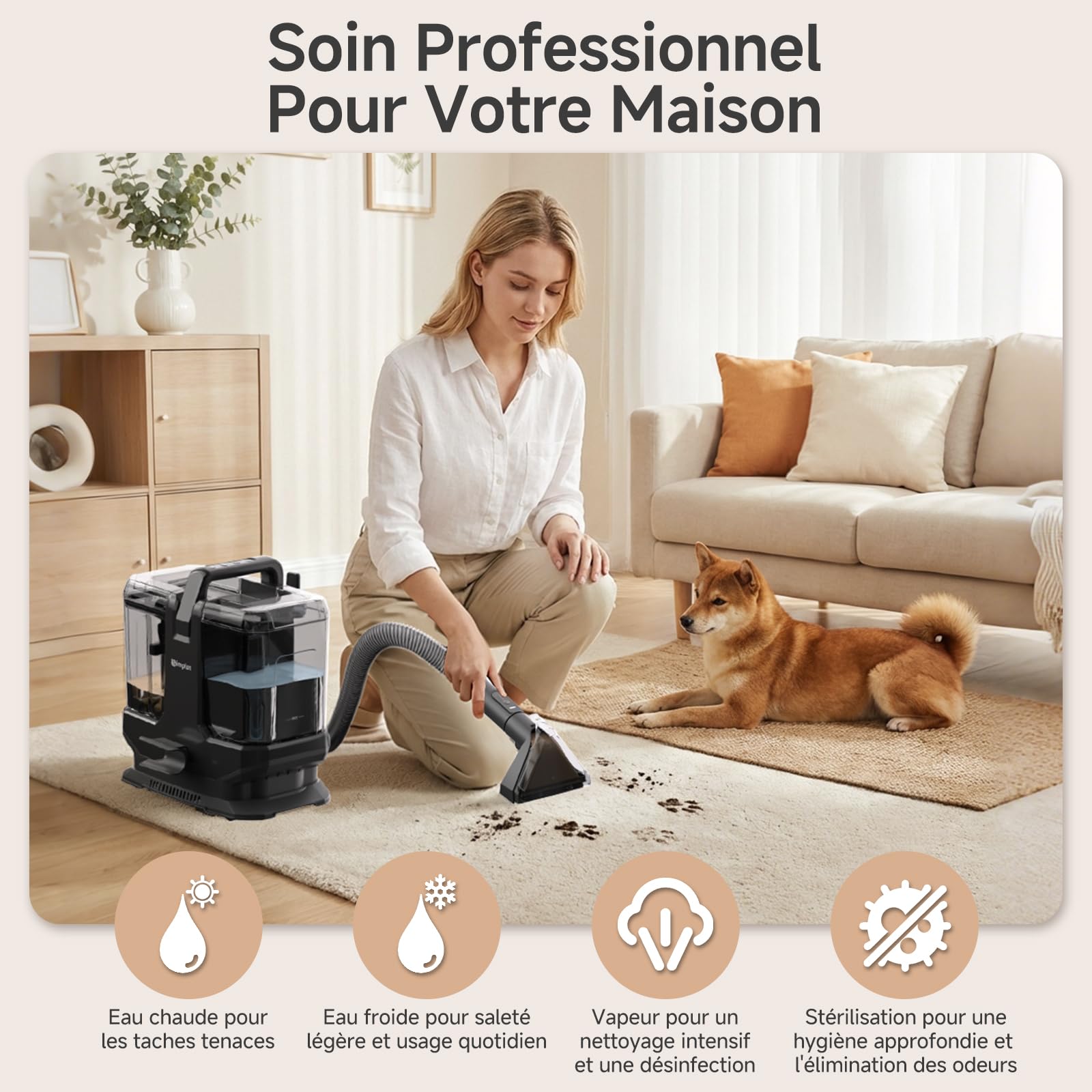 SIMPLUS Nettoyeur Vapeur Tissu Canapé Portable avec Fonction Eau Chaude 110℃, Shampouineuse Extracteur 22000Pa, Double Réservoir, 9 Brosses pour Tapis Moquette Voiture Matelas Animaux