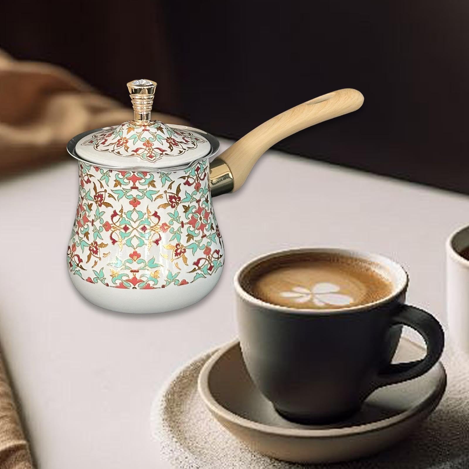 Qianly Stainless Steel Turkish Coffee Pot Milk Pot with Lid Butter Melting Pot Kitchen Accessory Easy to Clean Making Latte Art, Red Pattern, 720ml