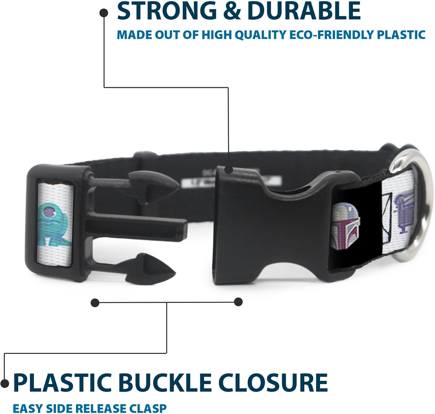 Star Wars Pet Collar, Dog Collar Plastic Buckle, Star Wars Mandalorian 4 Character Pose Blocks, 20 to 31 Inches 1.5 Inch Wide