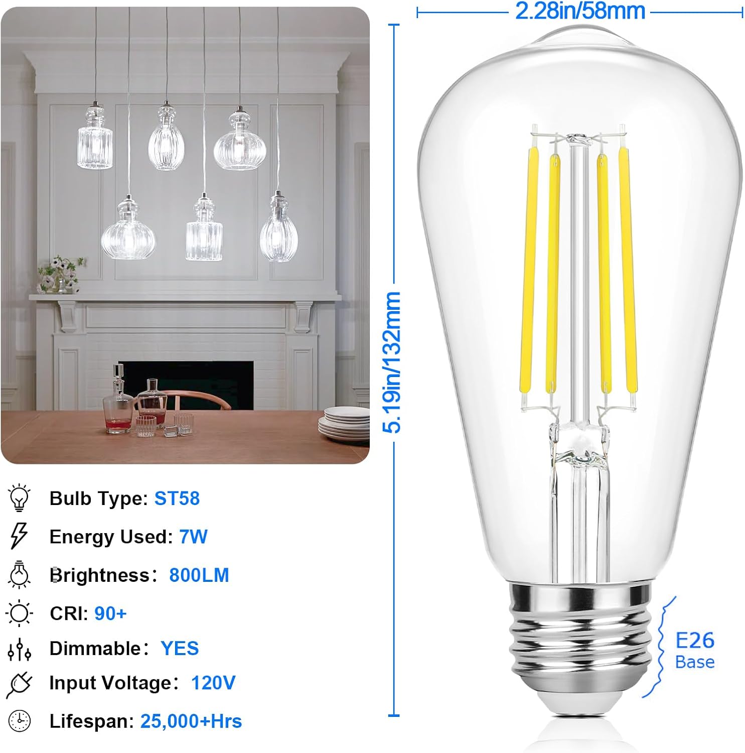 Sucolite Vintage ST58 Dimmable LED Edison Bulbs, 60W Equivalent 800LM, 7W LED Filament Light Bulbs, Daylight White 5000K, E26 Medium Base, Clear Glass for Home & Office Lighting, 12 Pack