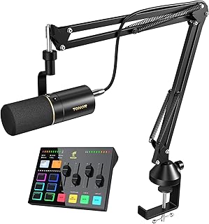 Podcast-Ausrüstungspaket, Audio-Interface und Dynamisches Mikrofon-Set mit Galgenarm, USB- Soundkarte mit RGB, XLR-Mikrofon, Studio-Klangqualität, Komplettpaket für Content-Erstellung, Streaming, E7