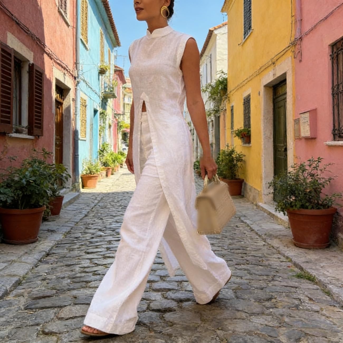 Traje de lino para mujer, elegante, mezcla de lino, cuello alto, abertura frontal, parte superior midi y cintura elástica, conjunto de pantalones sueltos, conjunto de lino de verano