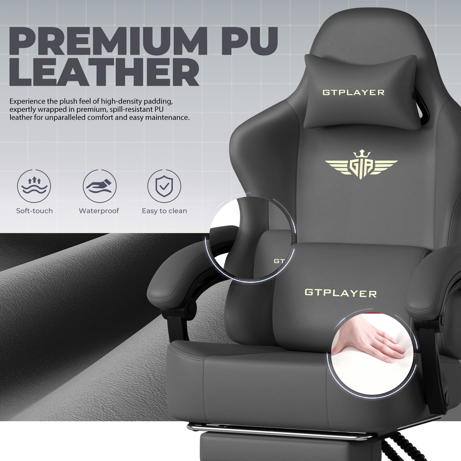 GTPLAYER Silla para Juegos, Silla de Oficina Transpirable, Silla ergonómica de PC, Tela, Respaldo Ajustable 160° y reposapiés Extensible, ergonómica, Cuero sintético, Carga 180 kg, Gris