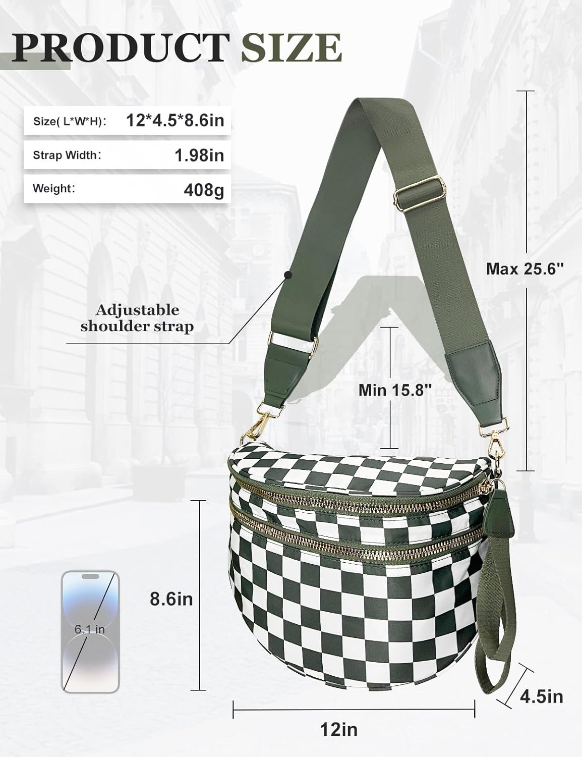 Checkered Nylon Crossbody Bag for Women, Spacious Checkered Bum Bag Purse Shoulder Bag Sling Bag with Shoulder Strap - Image 2