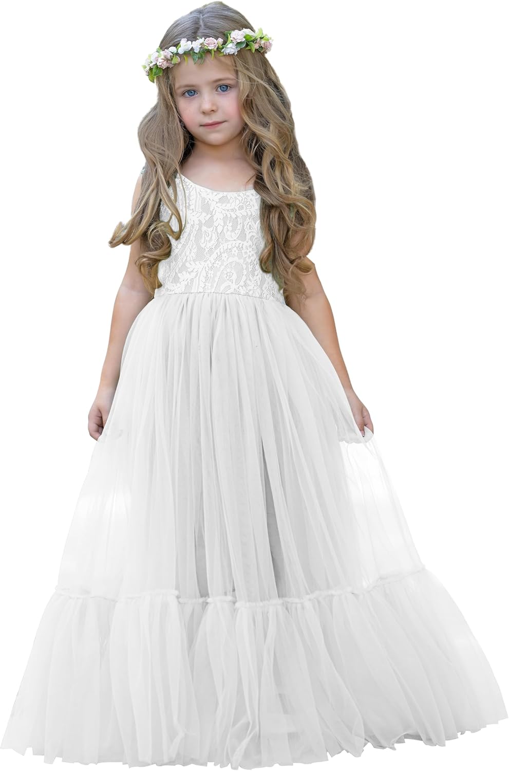 Flower Girl Dress Lace/Tulle Boho Toddler Dresses Ruffle Girl Dress for Wedding Garden Party Communion Beach