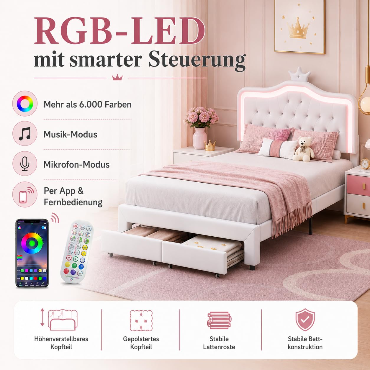 Letto imbottito 140 x 200 cm, letto principesse con illuminazione a LED, Letto matrimoniale con Testiera regolabile a forma di corona, Letto per bambini con rete a doghe e cassetto, senza materasso