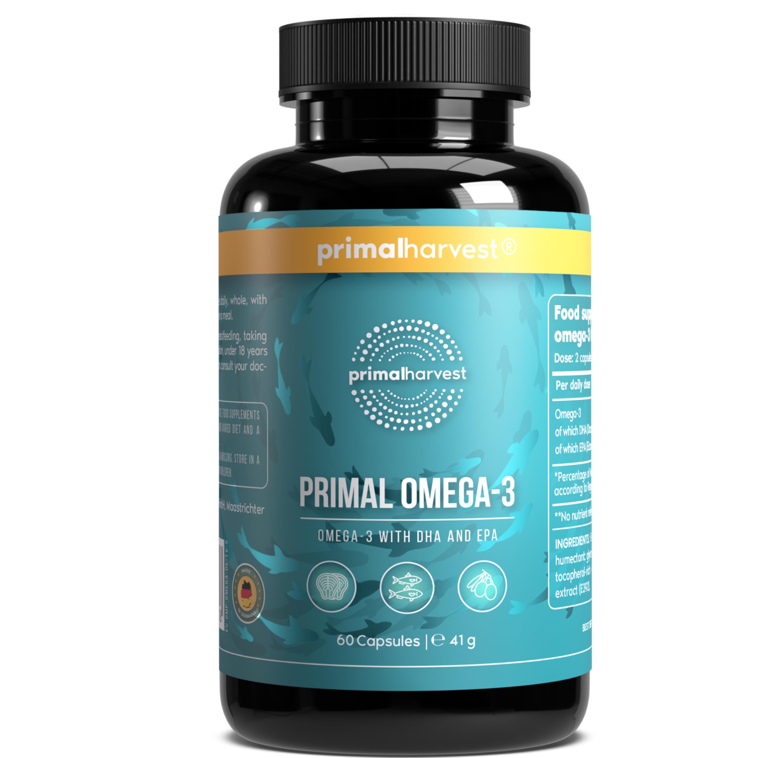 Primal Harvest Omega 3s- Fish Oil Supplement with EPA and DHA Fatty Acids as Well as Vitamin E, for Men & Women,1 Pack: 30 Servings