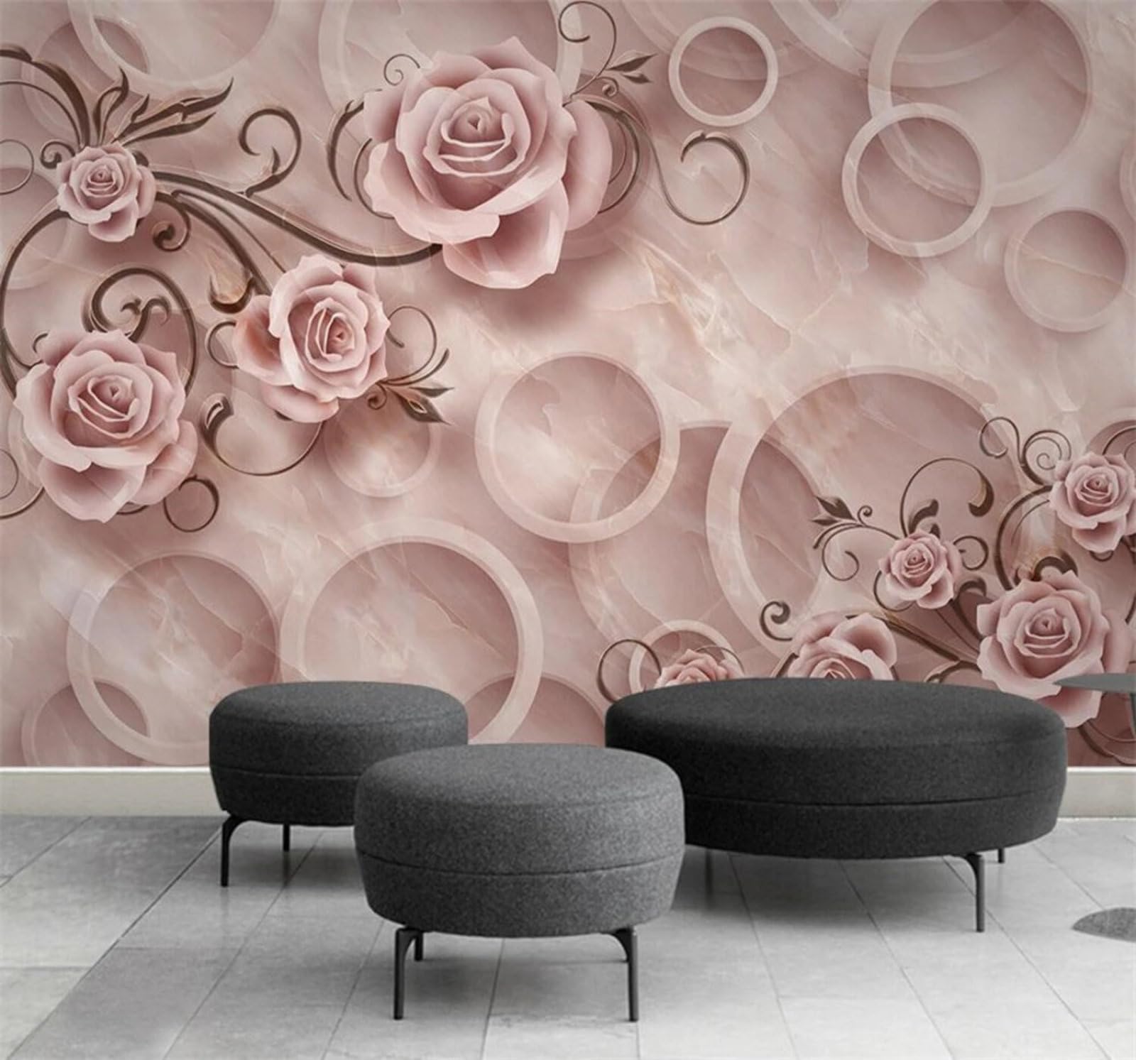 Beautiful Pink Roses Circular Faux Marble 3D Wallpaper Easy Install Feature Office Living Room Sofa Bedroom TV Background Wall Decoration-400cm×280cm