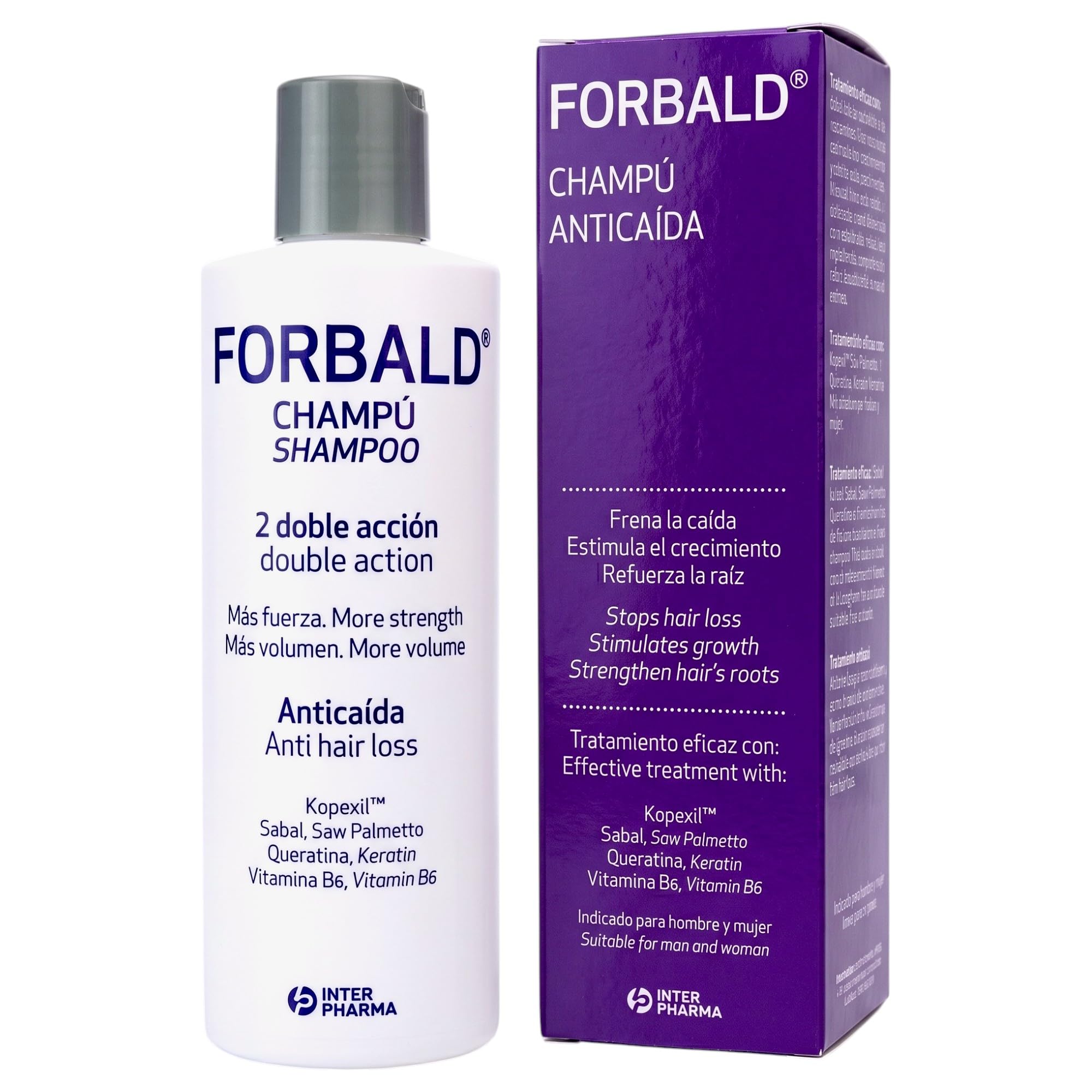INTERPHARMA SA Forbald Champú Anticaída 250 ml con Kopexil, Queratina y Sabal