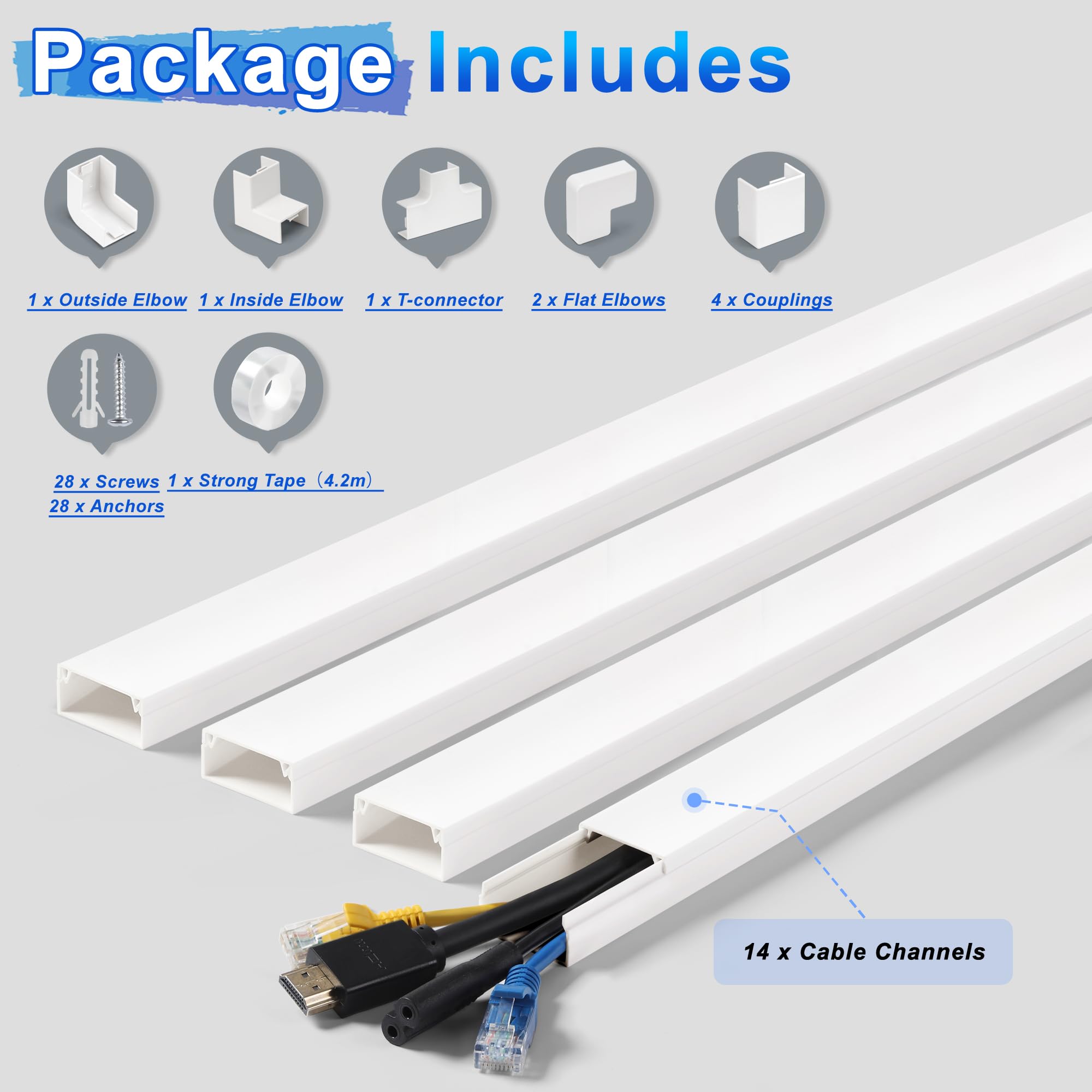 Kit cache-câble mural de 558,8 cm de large capacité pour câbles, kit mural de cache-câble, cache-câbles blanc, pour montage mural, cache-câble, canal de câble : 35,6 x 40,8 cm (l x L x H)