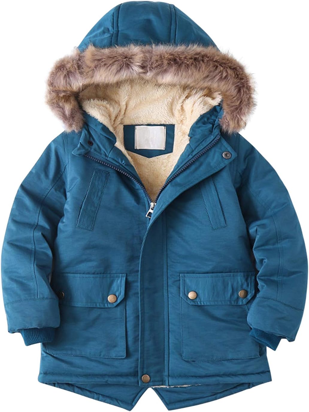 Evelin LEE Kids Boys Faux Fur Collar Hooded Zip Up Jacket Fleece Lined Winter Warm Outerwear Coat Blue