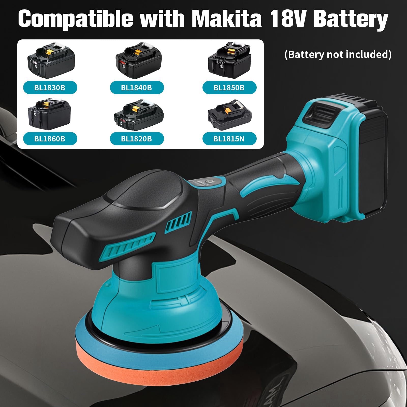 Pulidora de batería para coche, compatible con Makita 18 V – 150 mm, con 8 velocidades variables (0-4500 rpm), juego de 12 pulidores para detalles de coche, pulidora, pulir, encerar, eliminar arañazos
