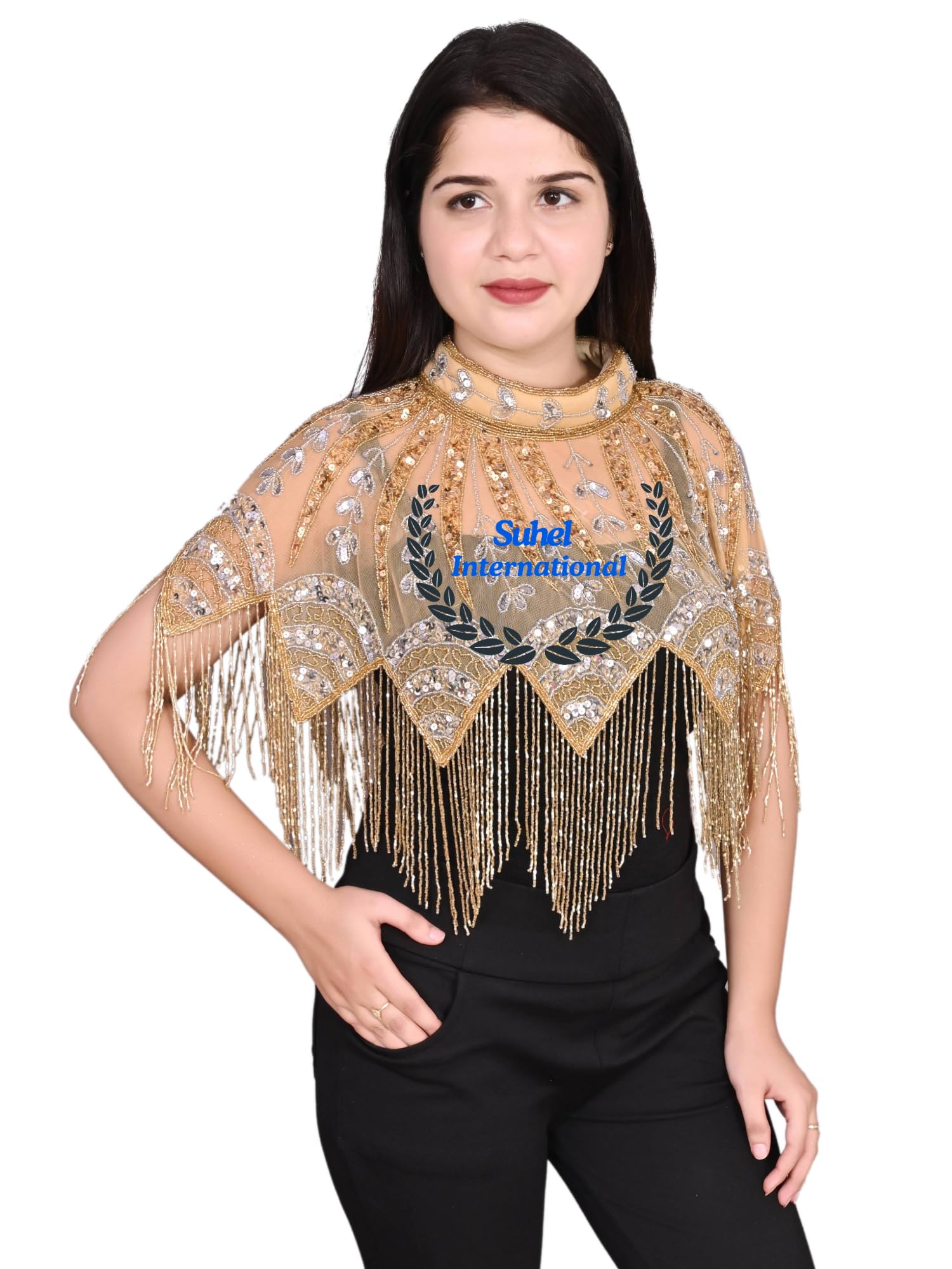 Women's Net Poncho Stylist Beautiful Hand Bead Embroidery Designer Short Cape Shrug Poncho Beige Golden Mix-image-49