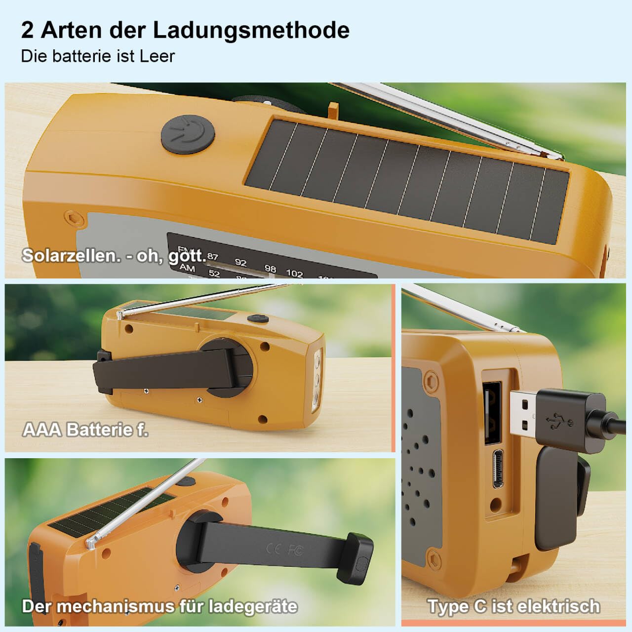 Radio a Manovella, Radio di Emergenza Solare con Torcia a LED, Allerta SOS, AM/FM Radio Solare con Power Bank da 2000 mAh per Campeggio Emergenze, Arancione