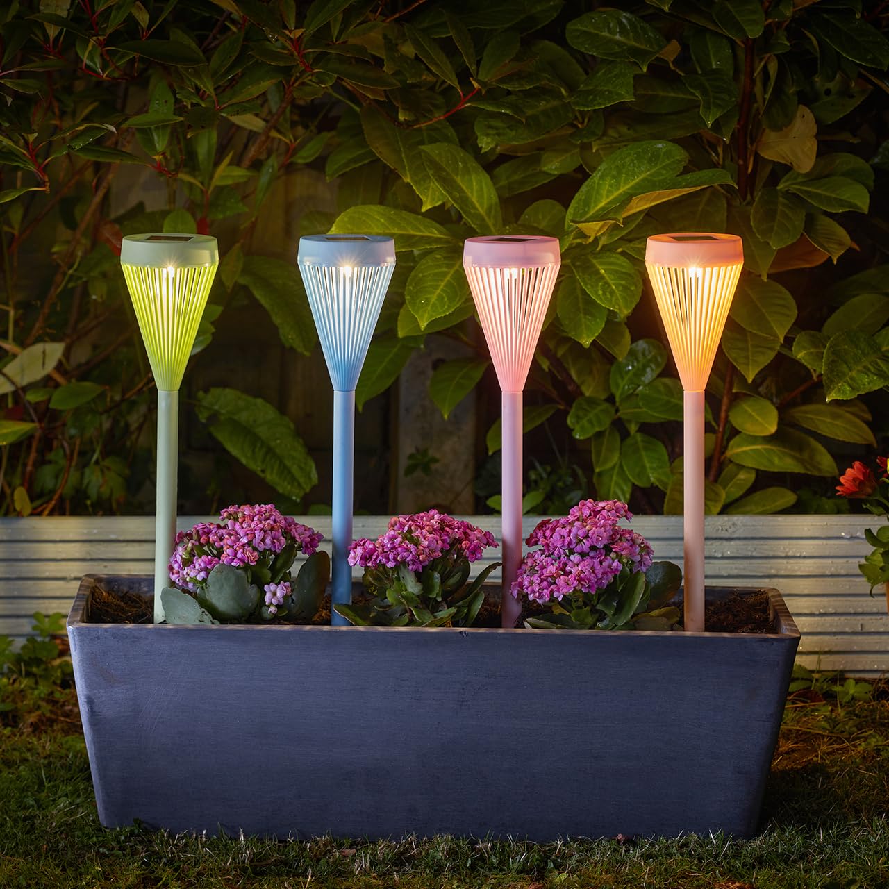 Mysmartbuy.com Multicolour Set Of 4 Solar Powered Viva Colourful Stake Lights – Weather Resistant Outdoor Garden Led Lighting For Pathway, Lawn, Border, Patio Or Decking Pots & Planters – Each H43cm, Pink, Blue, Peach & Green