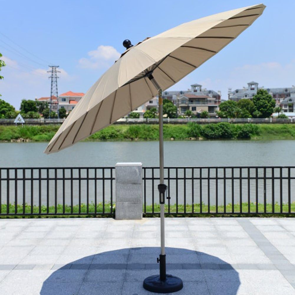 Sunnyhome007 Patio 9 Ft Market Aluminum Umbrella 24 Ribs UV Resistant Fabric with Push Button Tilt and Crank + Umbrella Base , Khaki