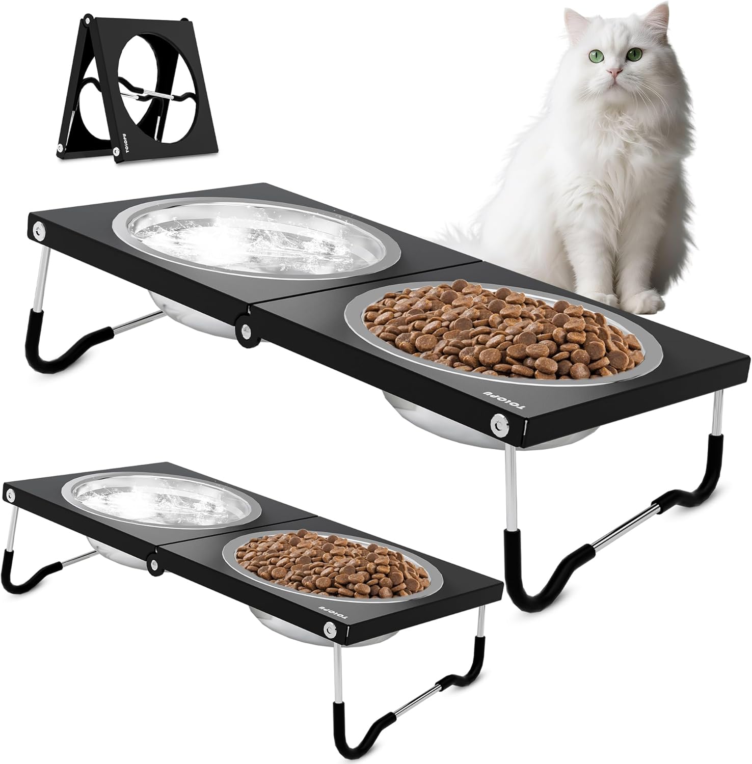 Upgraded Raised Cat Bowls,Elevated Bowls for Indoor Cats with Height Stand,Non-Slip Stainless Steel Cats Bowl,10° Tilted Cat Food Bowls (Black Collapse, 2 Pack)